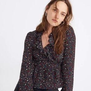 Madewell Silk Ruffle-Hem Wrap Top in Starry Night. XS NWT